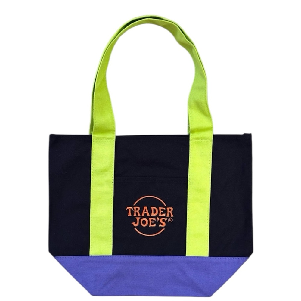 Trader Joe's Mini Canvas Tote Bag in Black, Purple and Lime Green NWT 2025 - Picture 2 of 2